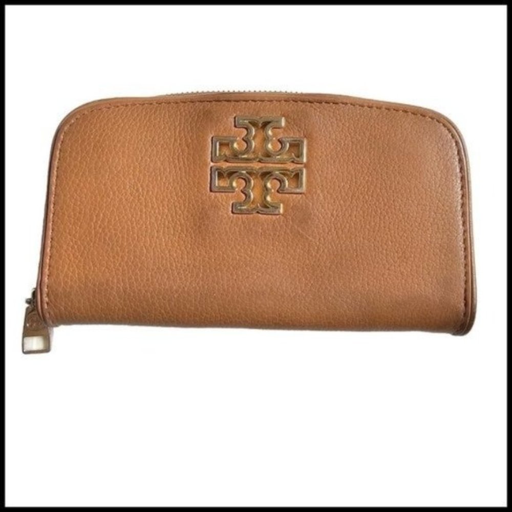 Tory Burch Pebbled Brown Leather Continental Zip Around Wallet